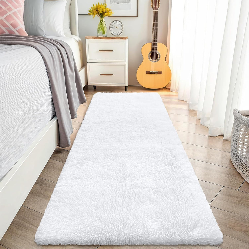 OLANLY Runner Rugs - Soft, Machine Washable 2x8 Shaggy Carpet for Hallway & Bedroom | White Decor