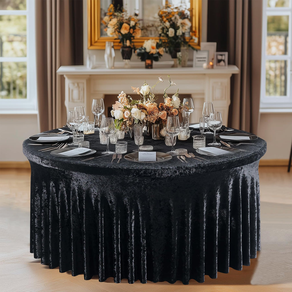 Outpain 2Pack 60 Inch Round Velvet Tablecloths - 120 Inch Stretch Spandex Table Cover with Floor-Length Skirt, Wrinkle-Free Luxury Elastic Table Cloths for Weddings,Banquets,Events (Black)