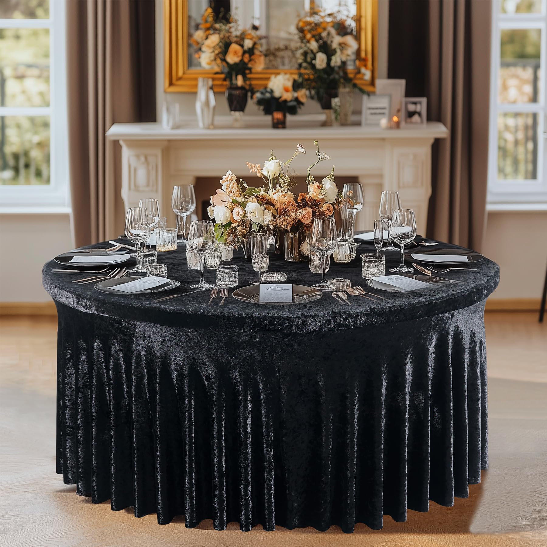 Outpain 4Pack 60 Inch Round Velvet Tablecloths - 120 Inch Stretch Spandex Table Cover with Floor-Length Skirt, Wrinkle-Free Luxury Elastic Table Cloths for Weddings,Banquets,Events (Black)