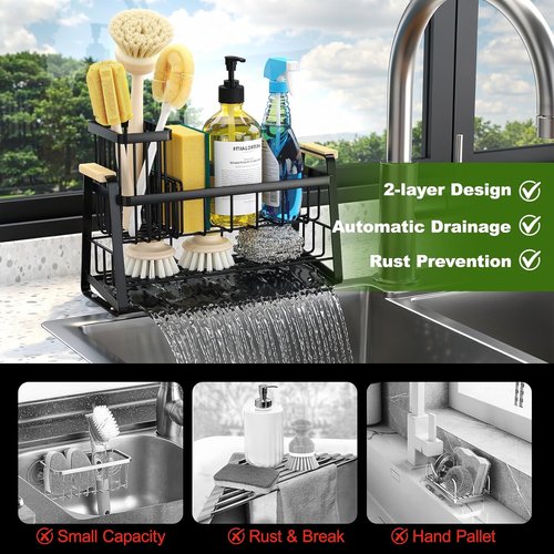Housolution Kitchen Sink Caddy Organizer - 2-Tier Sponge Holder with Flexible Brush Slot & Rustproof Design
