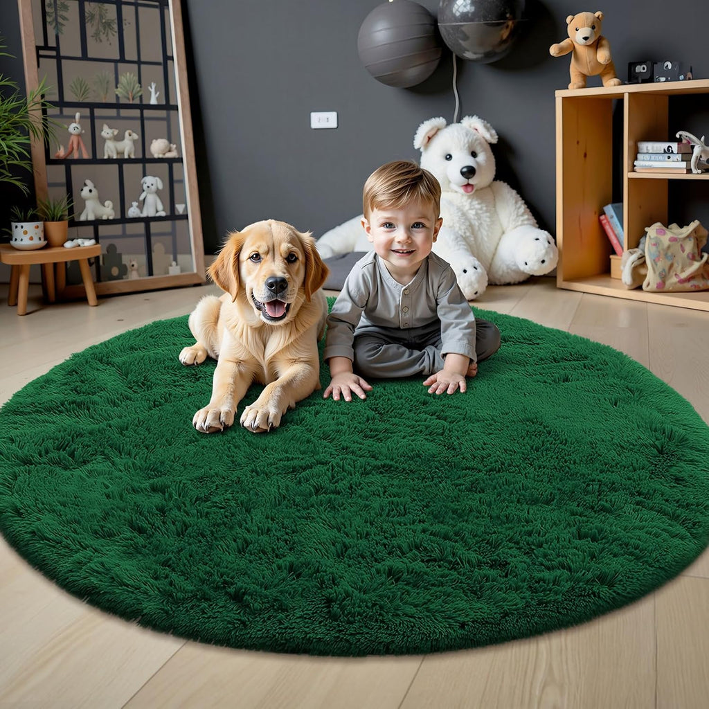 OLANLY Dark Green Round Rug - Soft & Fluffy 6 ft Machine Washable Area Rug for Bedroom & Living Room Decor