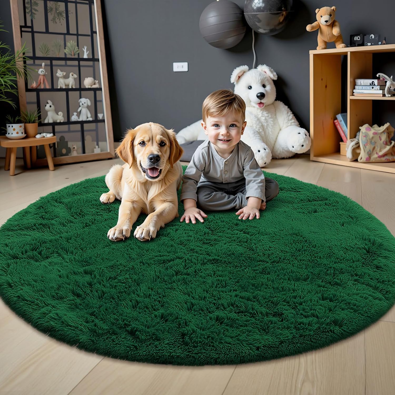 OLANLY Dark Green Round Rug - Soft & Fluffy 6 ft Machine Washable Area Rug for Bedroom & Living Room Decor