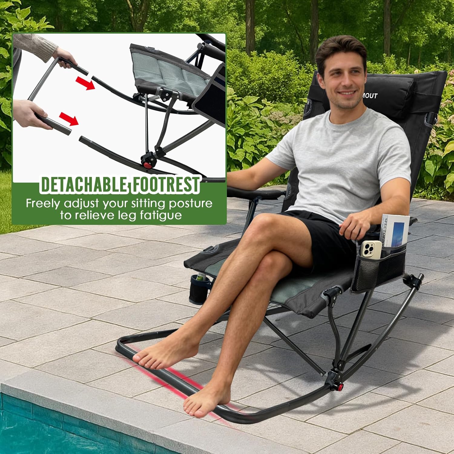 Skiennix Oversized Rocking Camping Chair - 13.8" High Seat with Foot Rest & Headrest, Supports 300 lbs | Portable Folding Design
