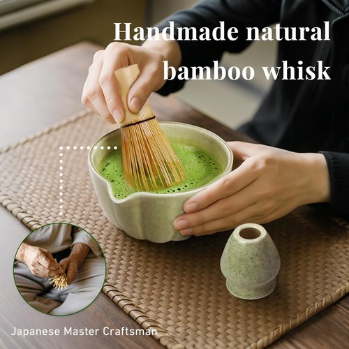 Renmxj Matcha Whisk Set,7 PCS Ceramic Matcha Kit Includes Matcha Bowl with Spout, Matcha Whisk and Holder, Bamboo Scoop, Stainless Sifter, Towel, Unique Gift for Matcha Lovers (Matcha Green)