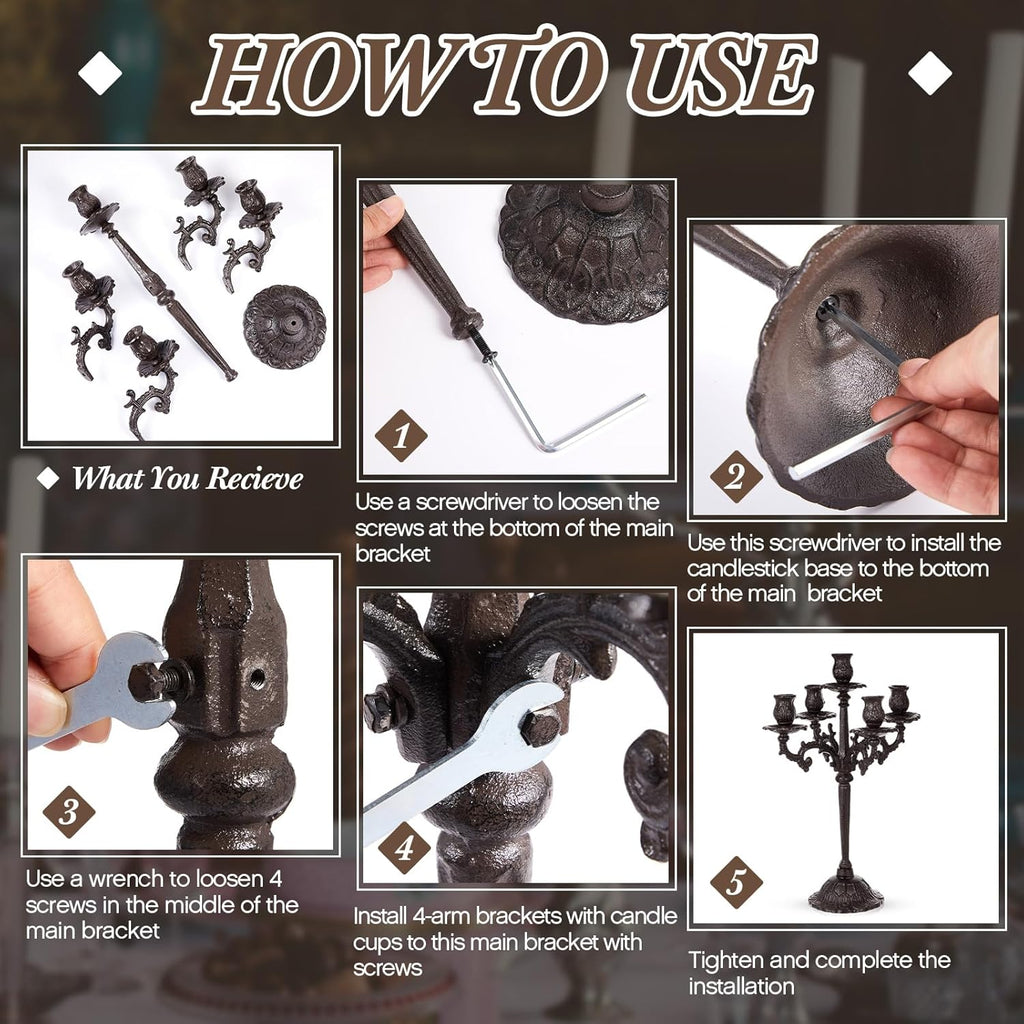 Mumufy Black 5-Arm Candelabra - Vintage Gothic Cast Iron Candle Holders | 16.7" Tall Centerpieces for Events