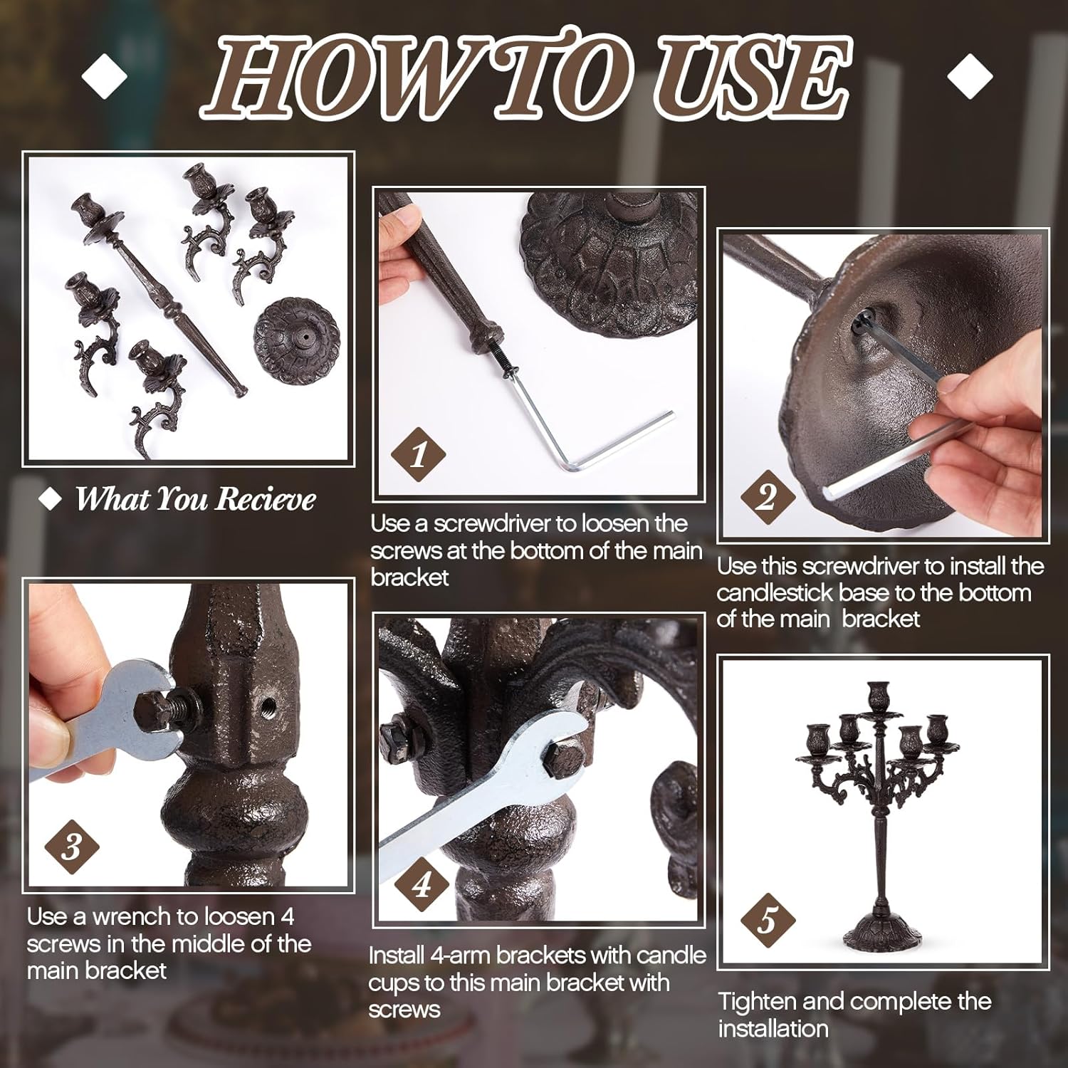 Mumufy Black 5-Arm Candelabra - Vintage Gothic Cast Iron Candle Holders | 16.7" Tall Centerpieces for Events