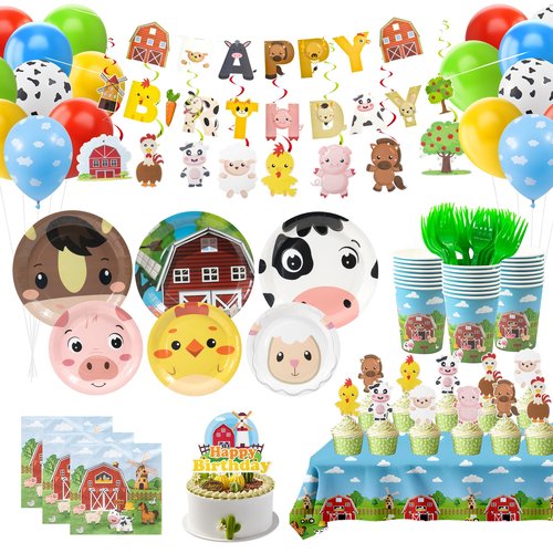 Farm Animals Birthday Decorations,161pcs Party Decorations Include Tablecloth,Plate and Napkin,Cup,Fork,Banner,Balloon,Cake Topper,Hanging Swirls, Farm Animals Themed Party Decorations Serve 24