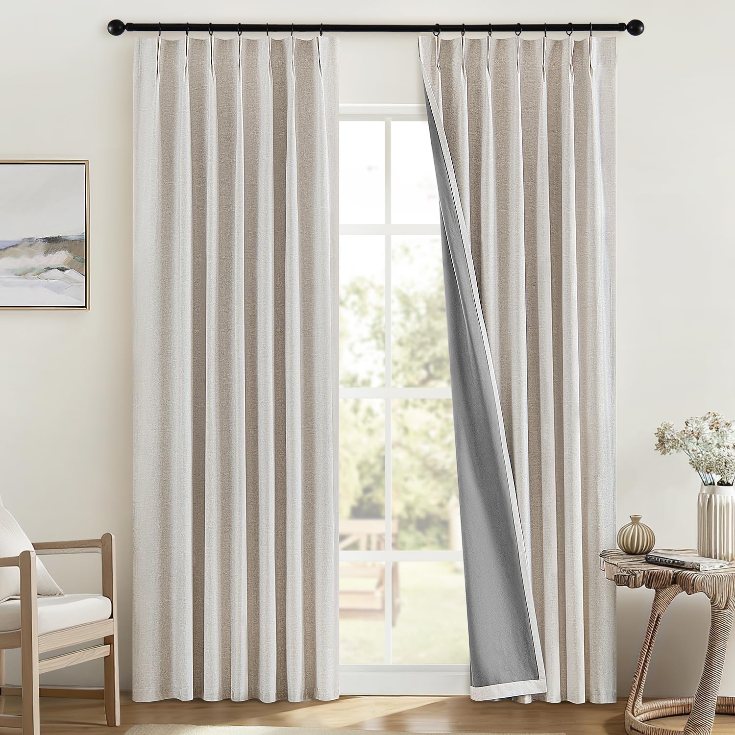 MIULEE 100% Blackout Curtains - Linen Pinch Pleated Thermal Insulated Drapes, 92 Inch Long, Beige & Greige, 2 Panels Set