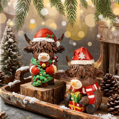 Exasinine Highland Cow Figurines - Festive Christmas Decor with Santa Hat & Candy Cane | 2 Pcs Set