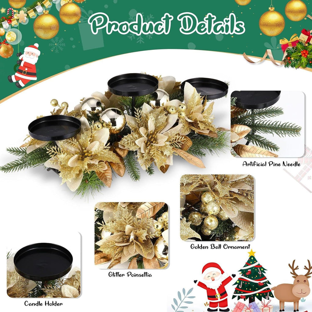 Regine Switzerland Christmas Table Centerpiece - 3 Candle Holders with Gold Poinsettia & Pinecones | Festive Ornaments for Holiday Decor