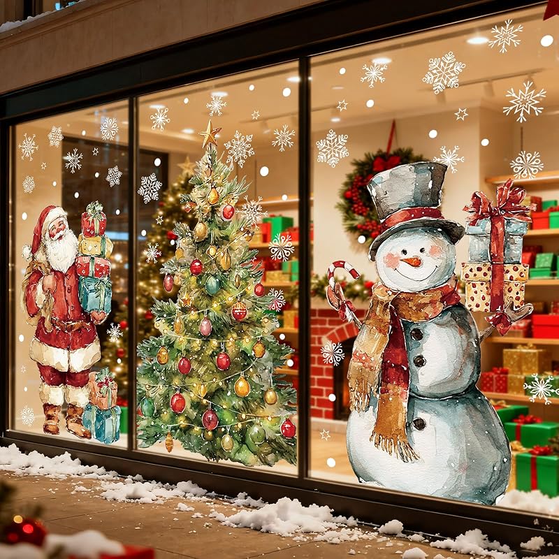 Santa & Snowman Watercolor Window Clings – 3 Sheets Large 15.7 x 31.5 in, Reusable Xmas Window Decals (Variation: Santa and Snowman)