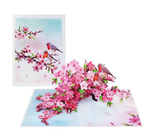 PQ Bees Robins Couple w Cherry Blossom Pop Up Anniversary Cards, 6x8in Wedding Anniversary Card, Valentines Day Card, 3D Gift Card for Her, Him, Husband, Wife (Cherry Blossom Robins Couple)