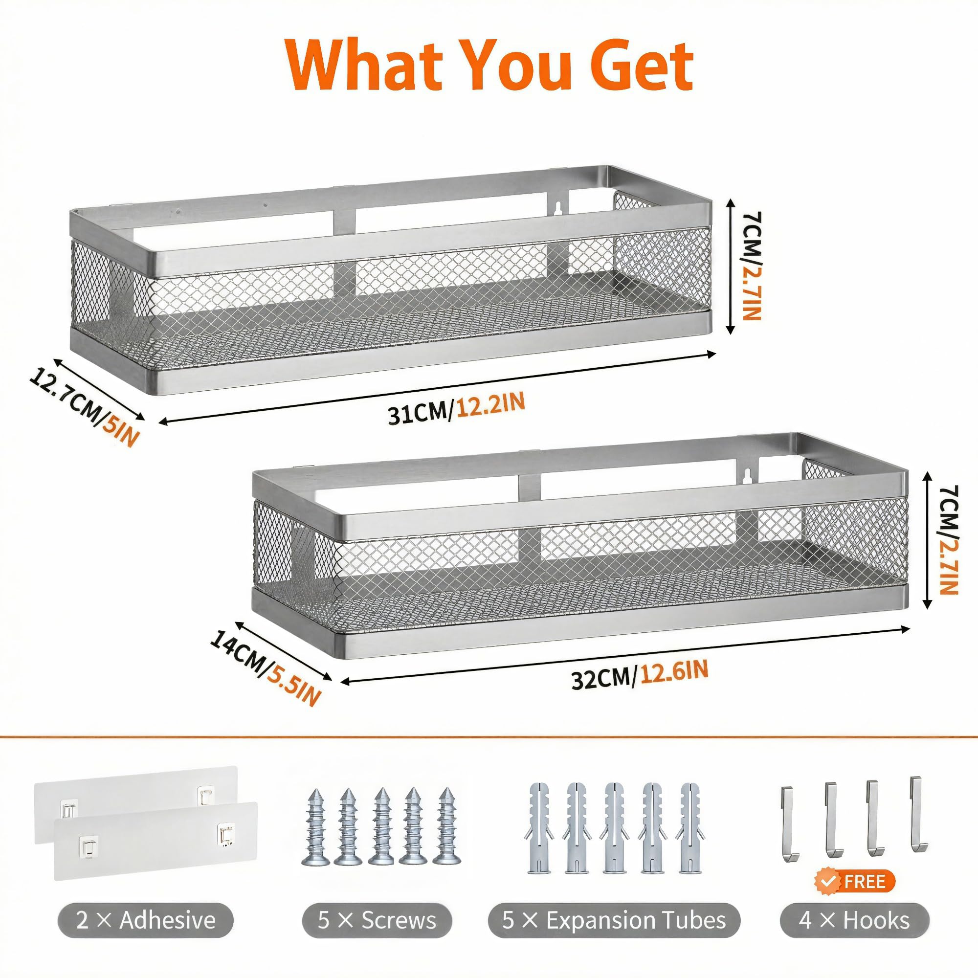 PUSDON Mesh Shower Caddy Wall Mount, Heavy Duty Adhesive Bathroom Shelf Organizer, Rustproof Floating Spice Rack for Kitchen Pantry, Holds 50 LBS, Multi-Purpose Storage Silver Gray -2 Packs (Netting)