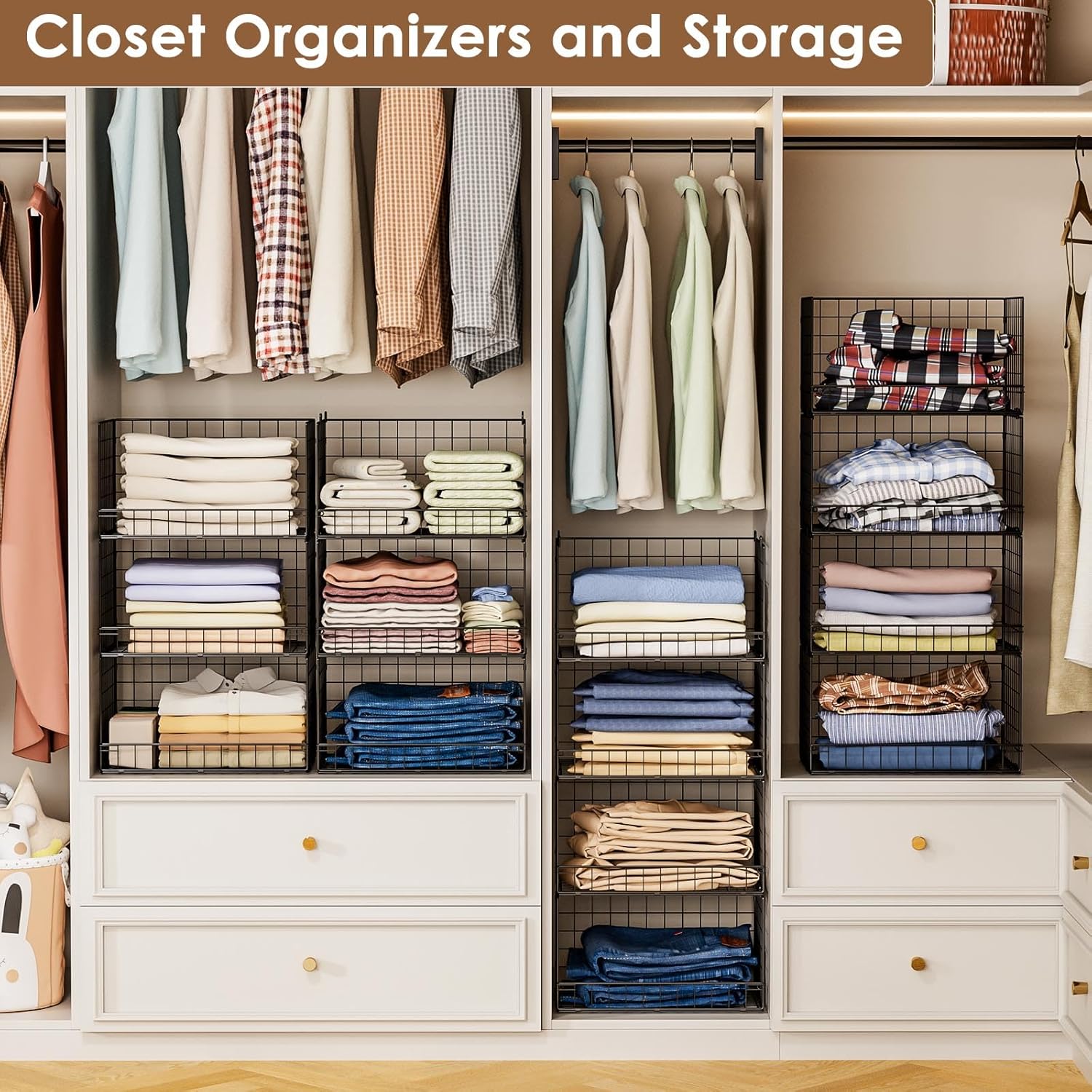 Yociyoga 4-Tier Stackable Closet Organizer - Foldable Storage Shelves & Bins in Black