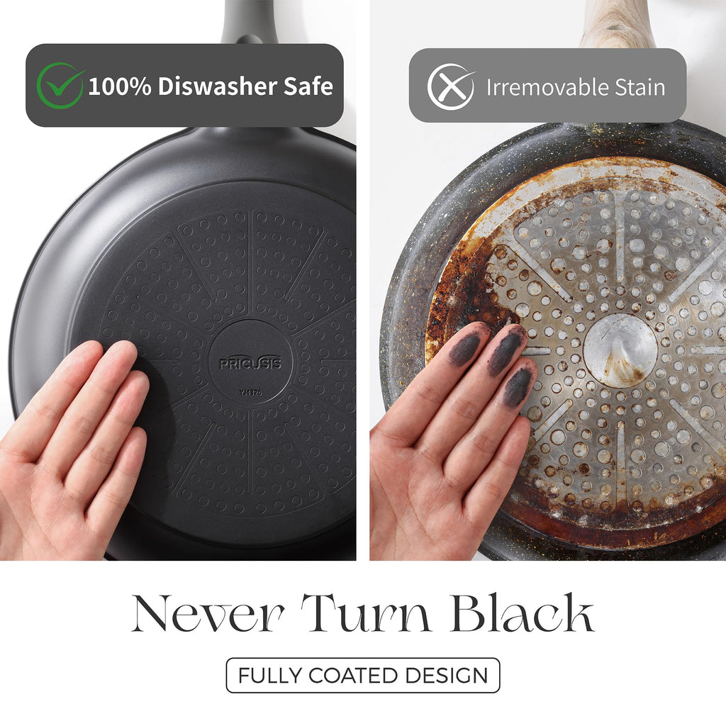 PRICUSIS 5Pcs Nonstick Frying Pan Set, 8+10+12 Inch Induction Compatible Skillet with Stay Cool Handle, Fully Coated, 100% Dishwasher Safe, PFOA Free (Black Sesame)