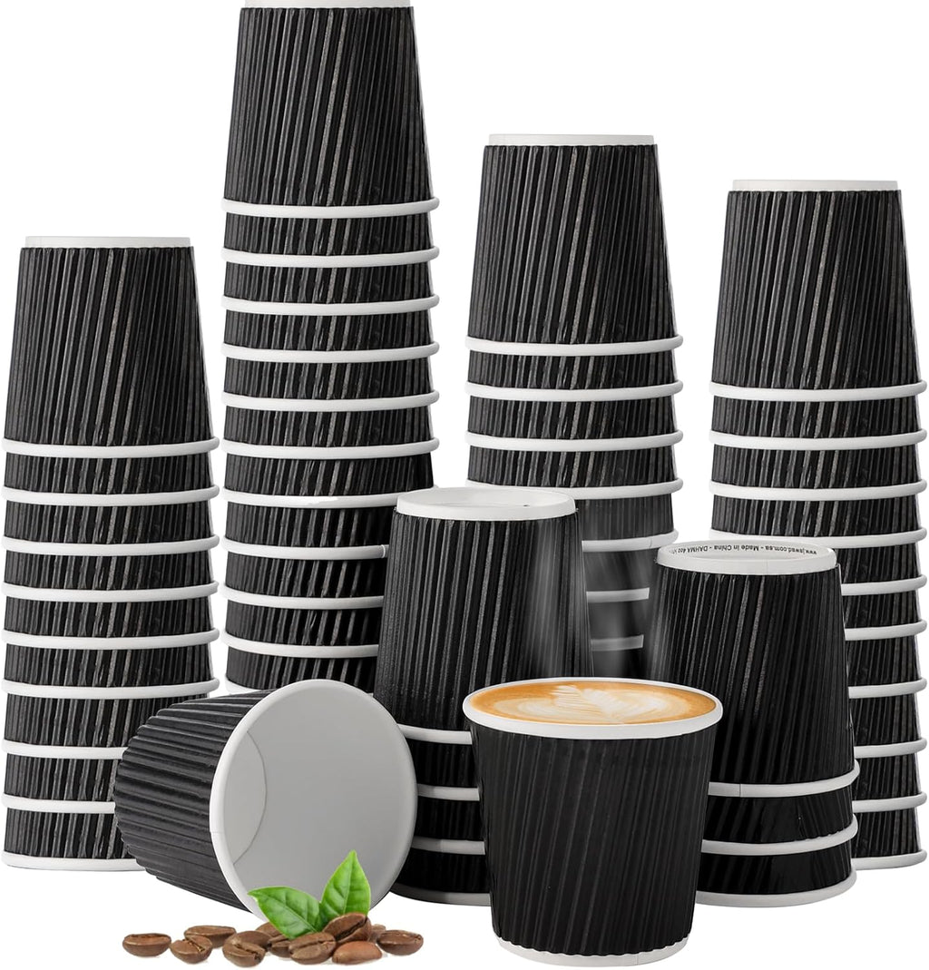 Skiennix 4oz Paper Espresso Cups - Ripple Wall Design for Hot & Cold Drinks | 200 Pcs, Black