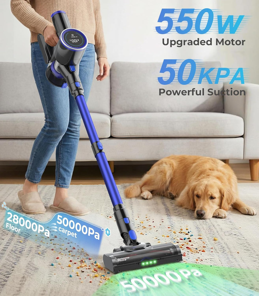 Skiennix Cordless Vacuum Cleaner - 550W Power, 50KPa Suction, 45 Minutes Runtime | Anti-Tangle Brush & LED Display for Hardwood, Carpet, Pet Hair