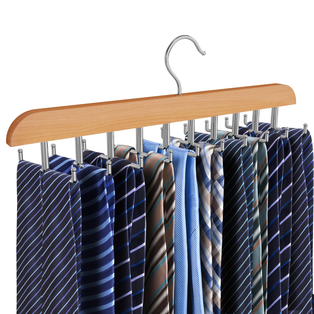 Cycleacc Tie Rack Hanger for Closet, 2 in 1 Belt Tie Hangers with 20 Folding Hooks, 360 Degree Rotating Wooden Tie Holder Organizer for Men Ties Belts Scarves Tank Tops Accessories, Wood (1 Pack)