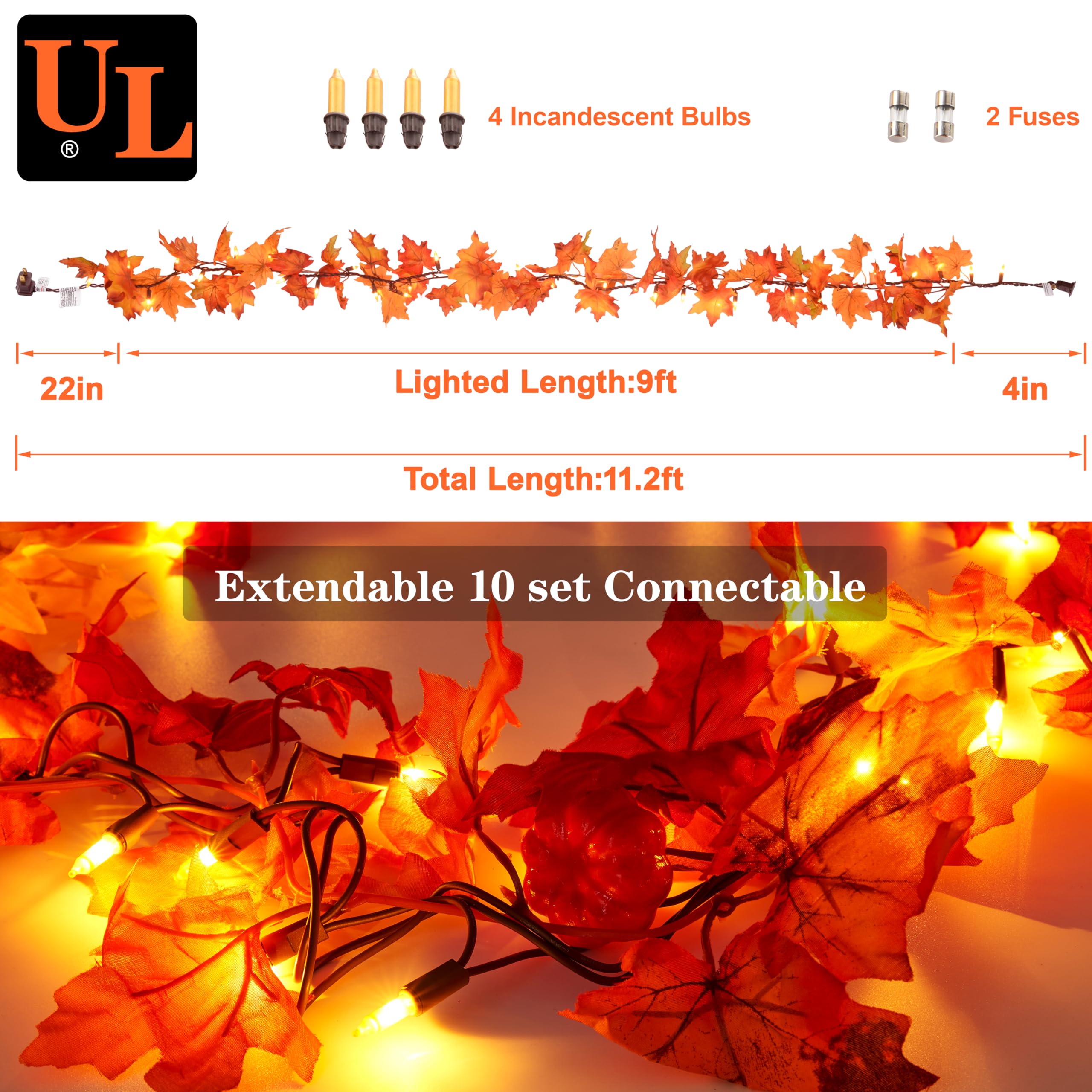 GAGALIFE Thanksgiving Decorations Fall Garland with Lights, 50 Warm Bulbs with Mini Pumpkins - 11FT Connectable Fall Lights Outdoor & Indoor, Realistic Maple Leaf String Lights for Fall Decor