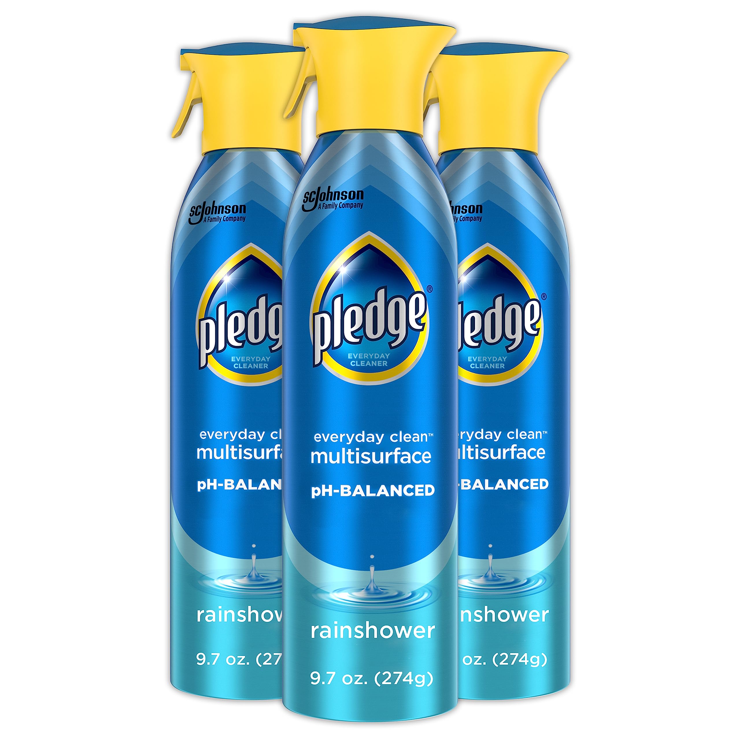 Pledge pH-Balanced Multisurface Spray, Gently Clean 101 Surfaces, Remove Dust and Messes, No Residue - Rainshower Scent, 9.7oz, Pack of 3