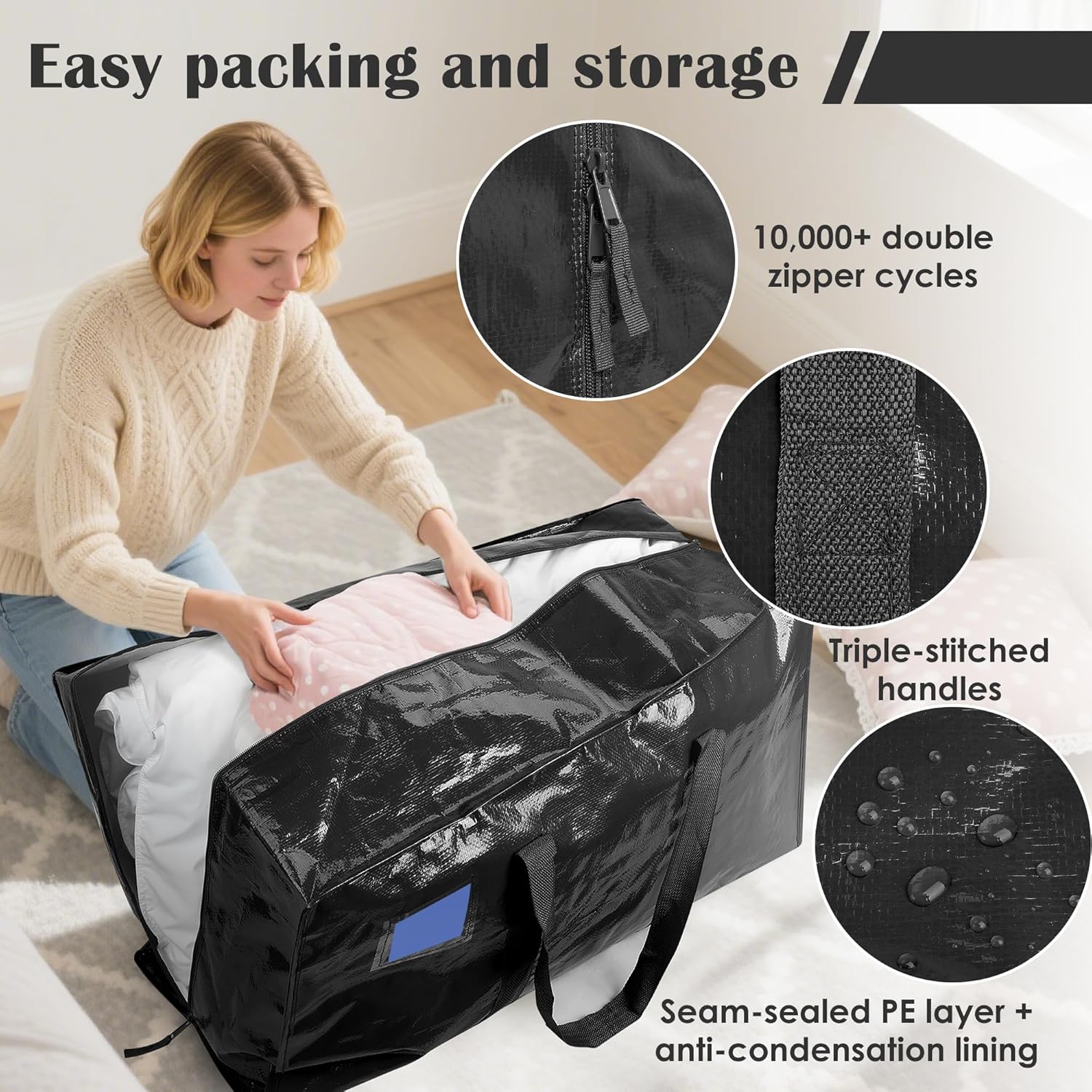 Skiennix Extra Large Heavy Duty Moving Bags - Reinforced Zipper & Wide Handles | Moisture-Resistant Storage for Clothes & Travel - Black, 6 Pack