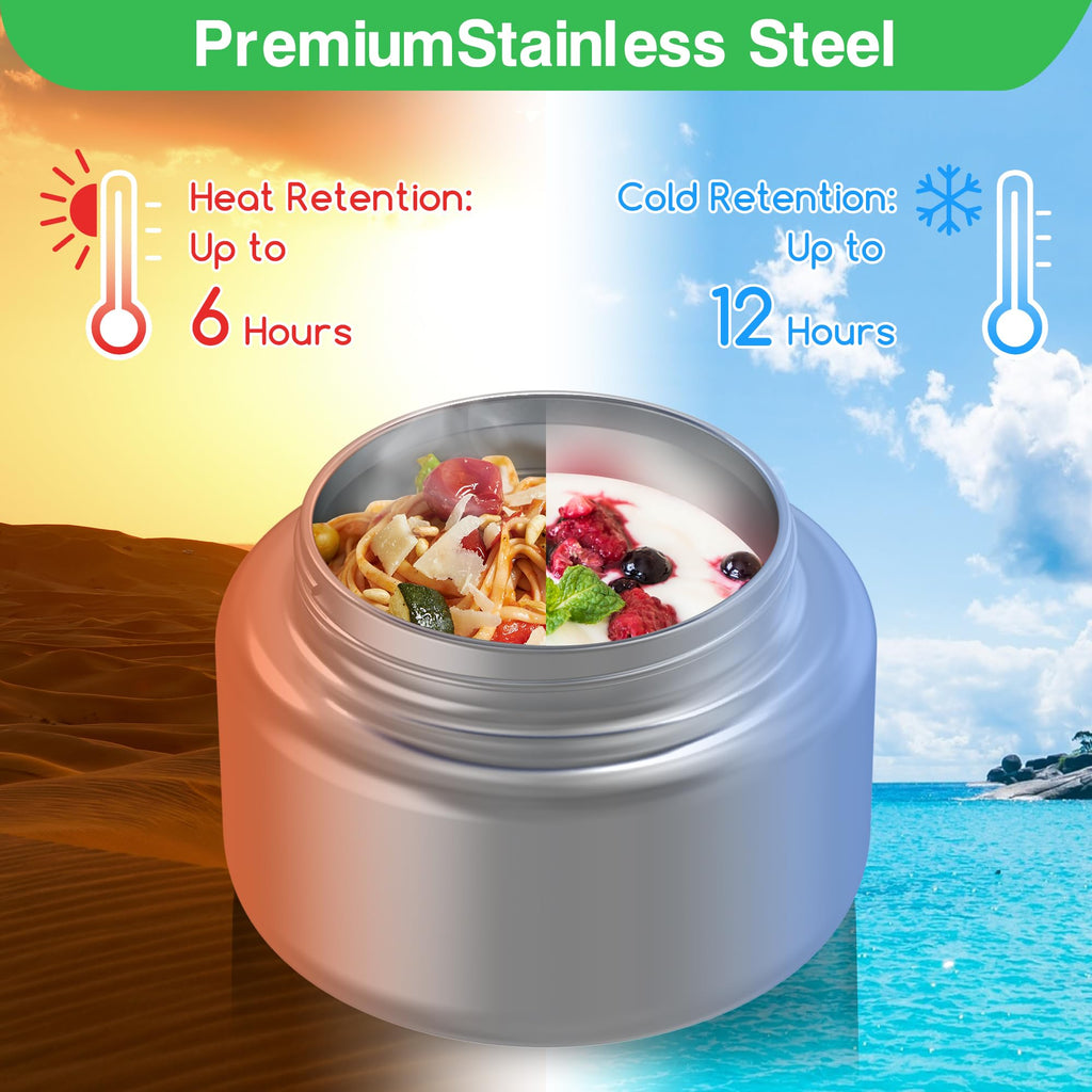 JoyYum Bento Box for Kids - Leak-Proof Bento Lunch Box with Insulated Thermos Food Jar - 4 Compartments, 1 Removable Divider, 1Spoon, 1 Fork - Dishwasher Safe, BPA-Free (Green)