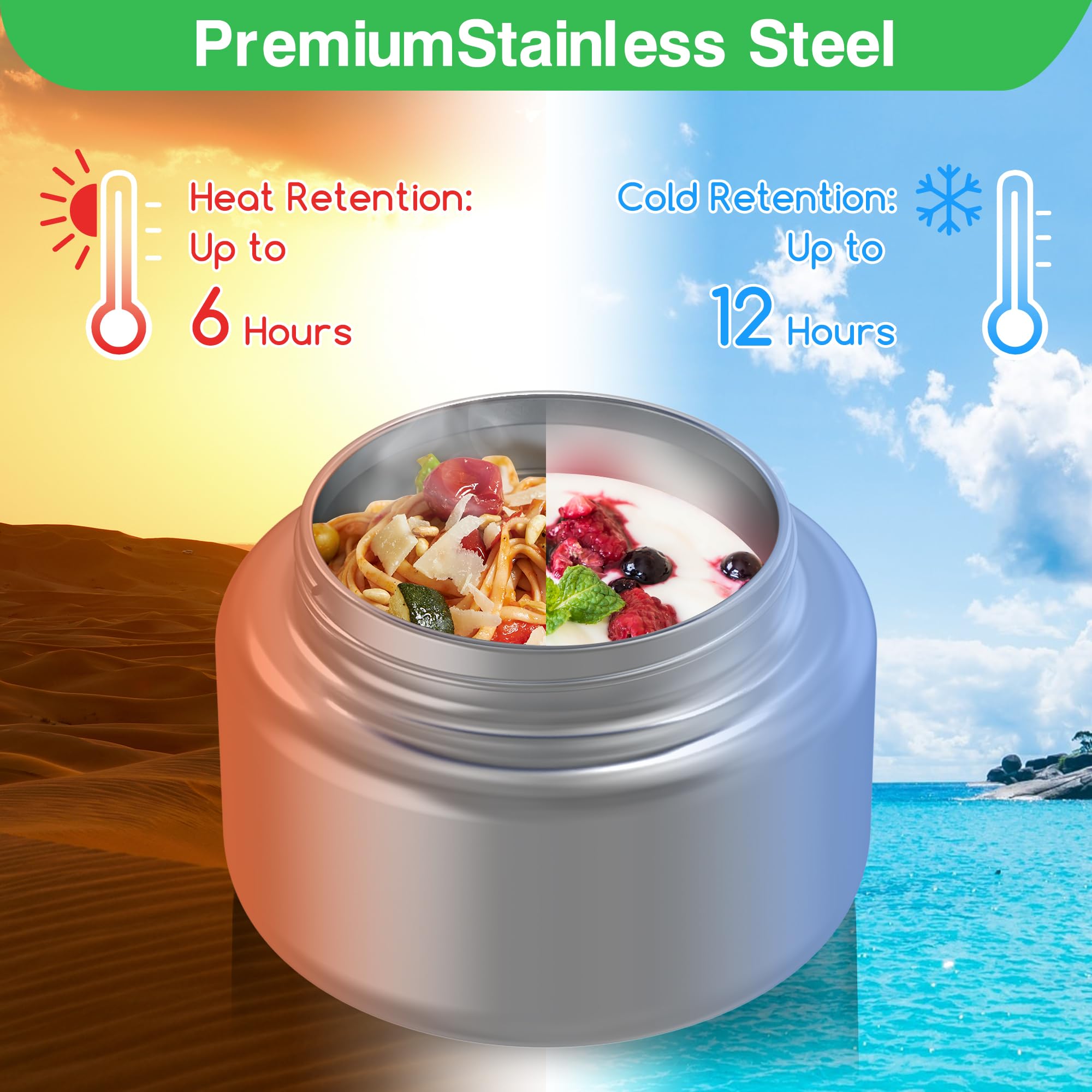 JoyYum Bento Box for Kids - Leak-Proof Bento Lunch Box with Insulated Thermos Food Jar - 4 Compartments, 1 Removable Divider, 1Spoon, 1 Fork - Dishwasher Safe, BPA-Free (Green)