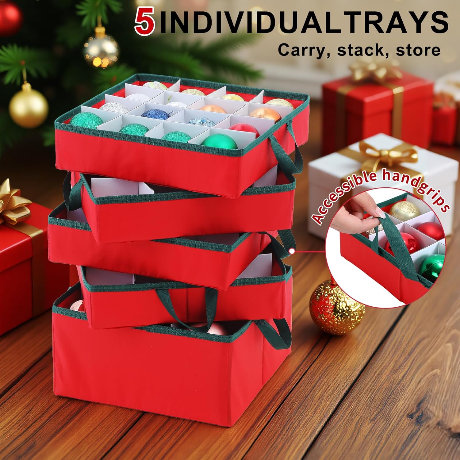 Skiennix 2-In-1 Christmas Ornament Organizer Box - Holds 73 Holiday Ornaments | Adjustable Space & Pockets for Figurines