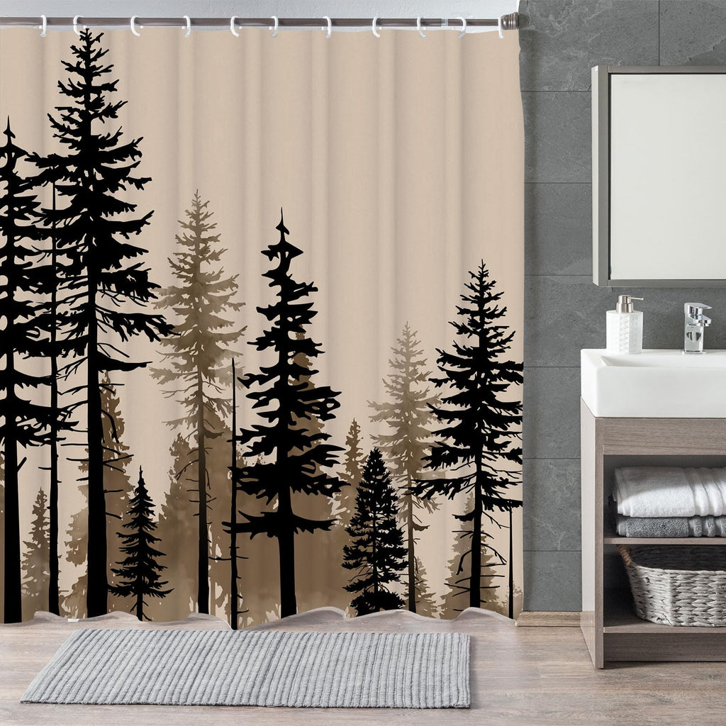 LKFBSC Farmhouse Forest Shower Curtain, Pine Trees Retro Vintage Misty Woodland Fabric Shower Curtains Set, Nature Cabin Cottage Rural Bathroom Curtains with Hooks, Brown Black 72x72inch