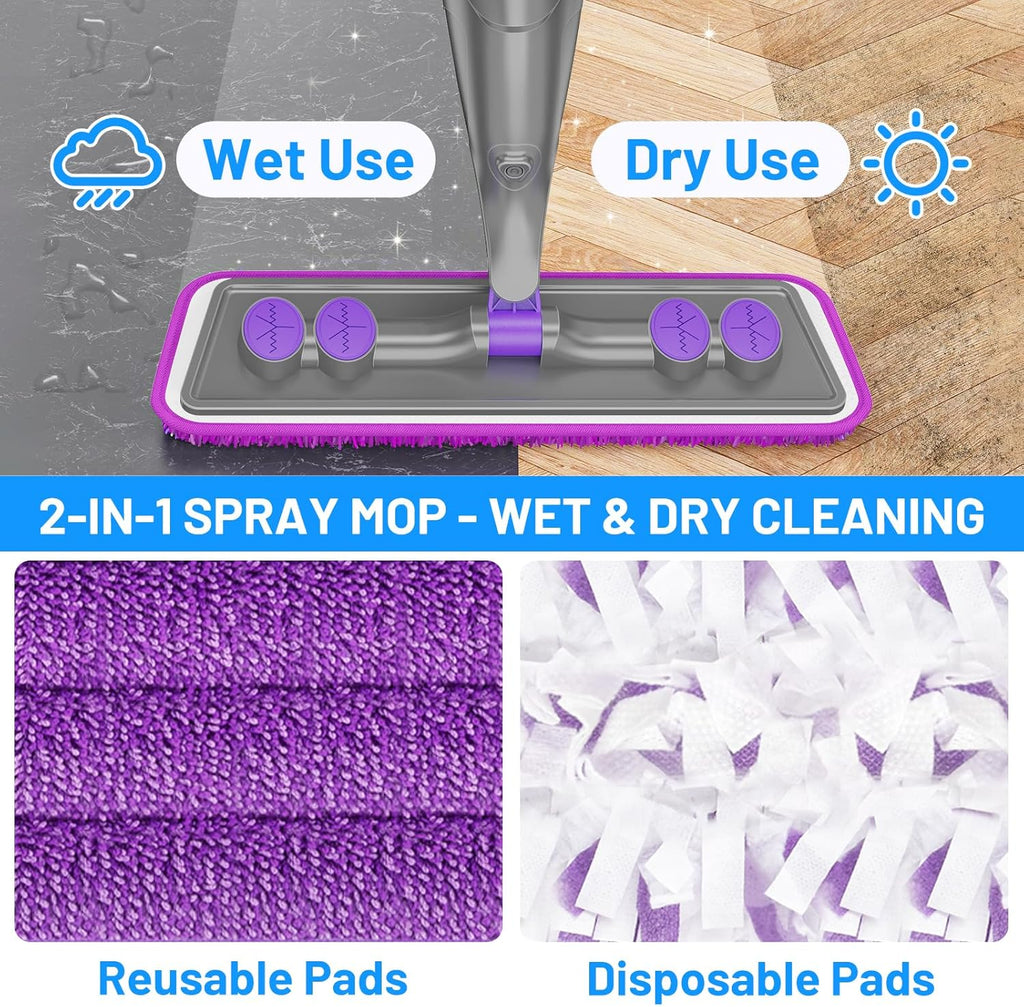 Skiennix Spray Mop - Versatile Wet Dry Cleaning with 2 Washable & 2 Disposable Pads | Refillable Bottle for Hardwood & Tile Floors