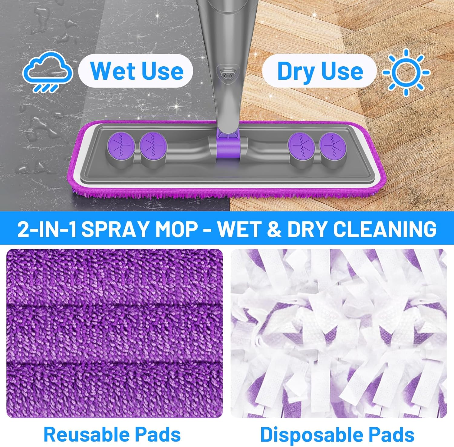 Skiennix Spray Mop - Versatile Wet Dry Cleaning with 2 Washable & 2 Disposable Pads | Refillable Bottle for Hardwood & Tile Floors