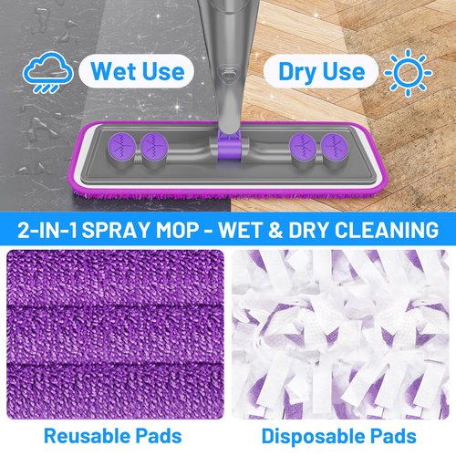 IOPRETTY Spray Mops for Floor Cleaning - Wet Dry Mops with 2 Washable + 2 Disposable Pads for Swiffer Powermop - Refillable Bottle for Hardwood Tile Home Kitchen - Absorbs Pet Hair Dust Stains