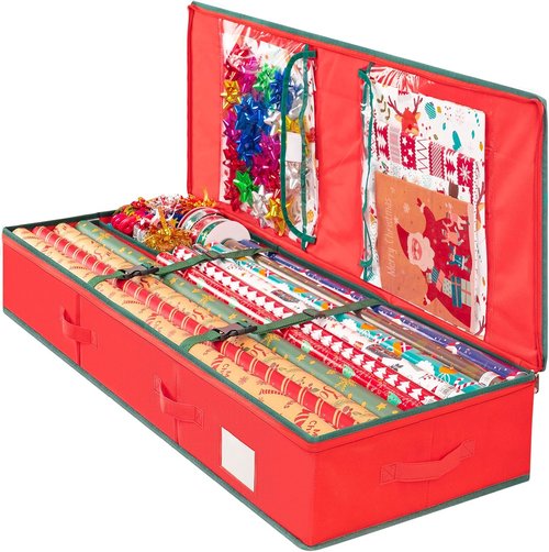 Criusia Gift Wrapping Paper Organizer - Durable Underbed Storage for 24 Rolls with Removable Dividers & Pockets | Red