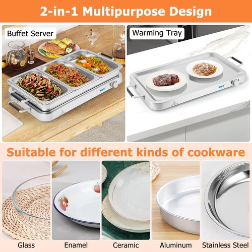 CLEEMAN Buffet Server & Food Warmer, 2-in-1 Electric Buffet Warmer with Adjustable Heat, 3 Food Pans with Lids, 8 Qt Stainless Steel Chafing Dishes, Warming Trays for Buffets Party Banquets Catering