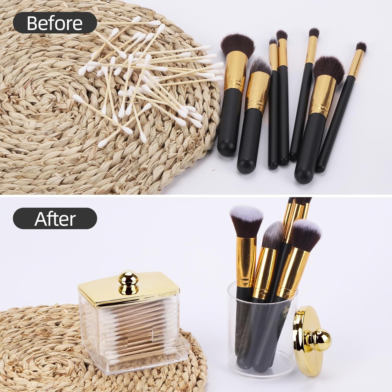 Tbestmax Q-Tips Dispenser - Elegant Bathroom Organizer with Gold Lids | Plastic Apothecary Jars for Cotton Balls and Swabs