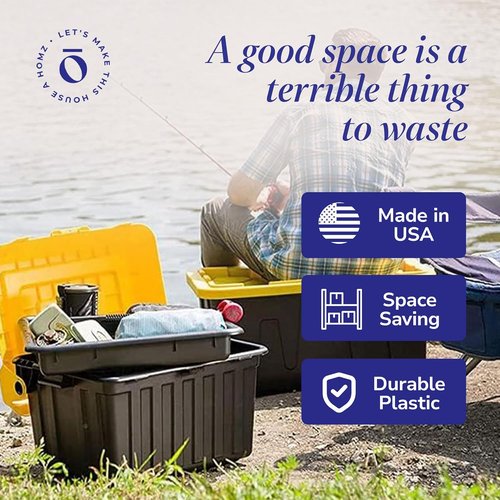 HOMZ 34 Gallon Heavy Duty Plastic Storage Bins - 2-Pack Stackable Totes with Lids, Black/Yellow