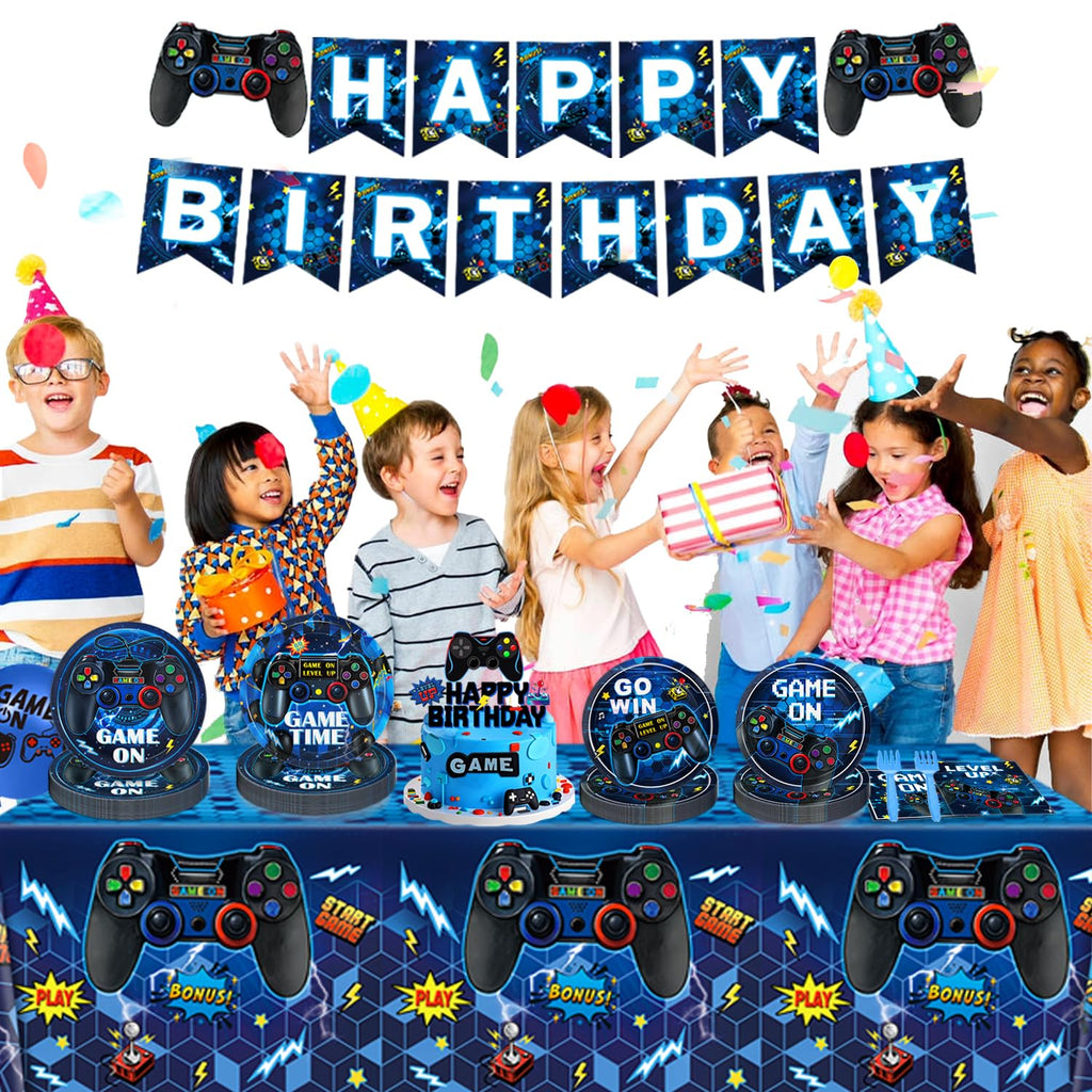 Video Game Birthday Decorations, Level Up Party Supplies Includes Plates, Napkins, Forks, Banner, Tablecloth for Boys Gamer Birthday Party Decorations, Serves 24