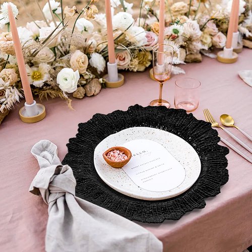 24 Pcs Black Charger Plates Bulk 13 Inch Plastic Charger Plates for Dinner Plate, Black Chargers for Table Setting, Reef Design Plate Floral Decorative Round Chargers for Wedding Party, Event