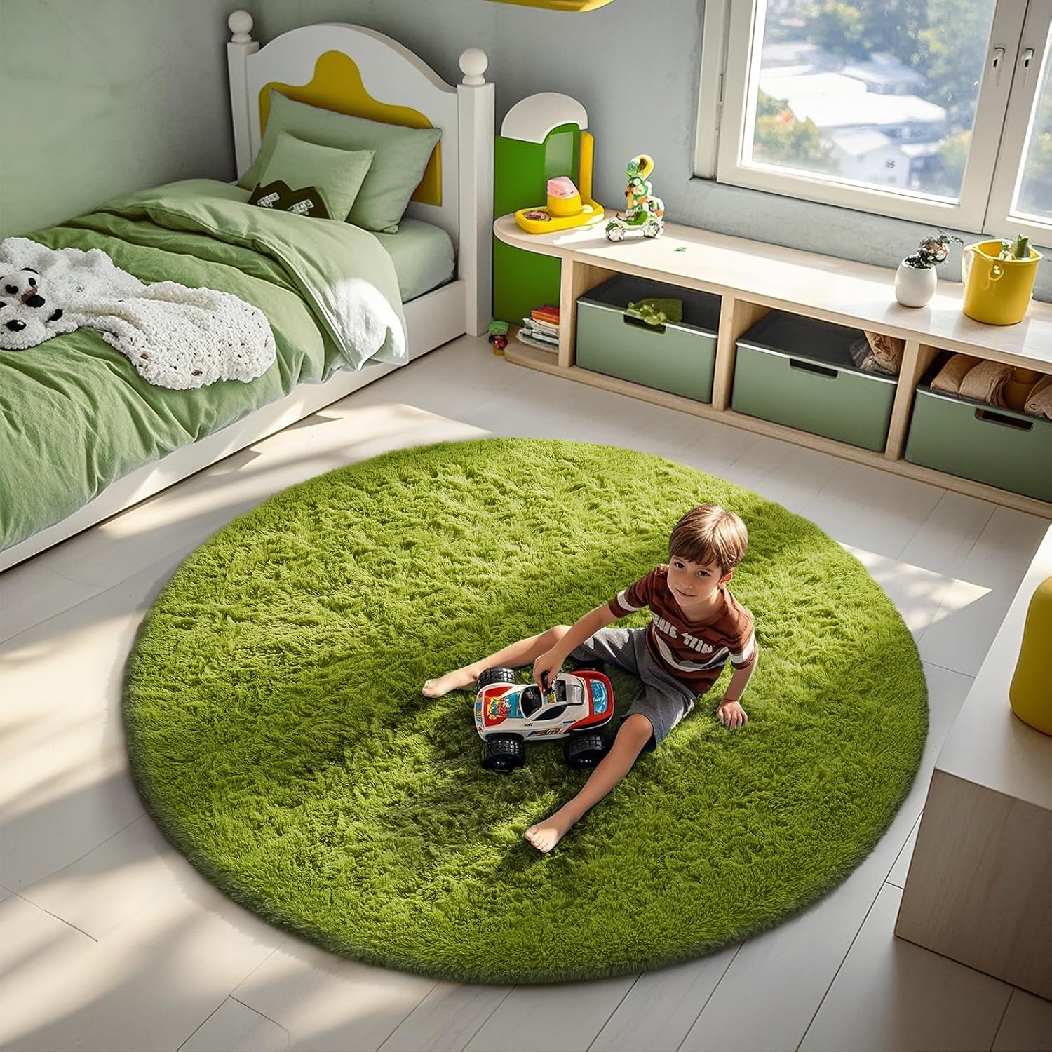 Ophanie Round Rug - 6Ft Green Circle Area Rug | Plush Soft Shaggy Carpet for Kids' Room Decor