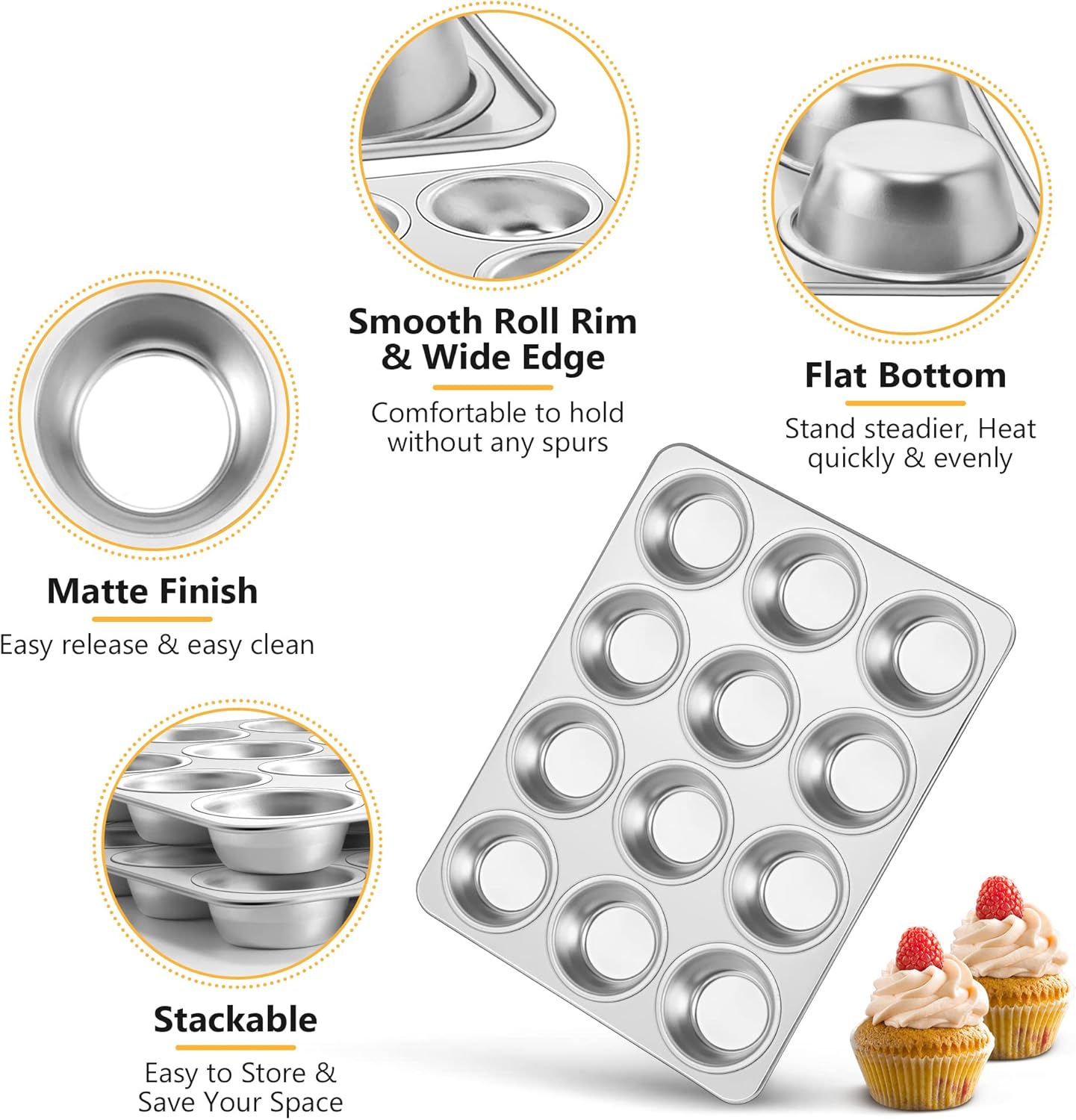 TeamFar 12-Cup Muffin Pan - Stainless Steel Cupcake Baking Tin | Non-Toxic & Dishwasher Safe