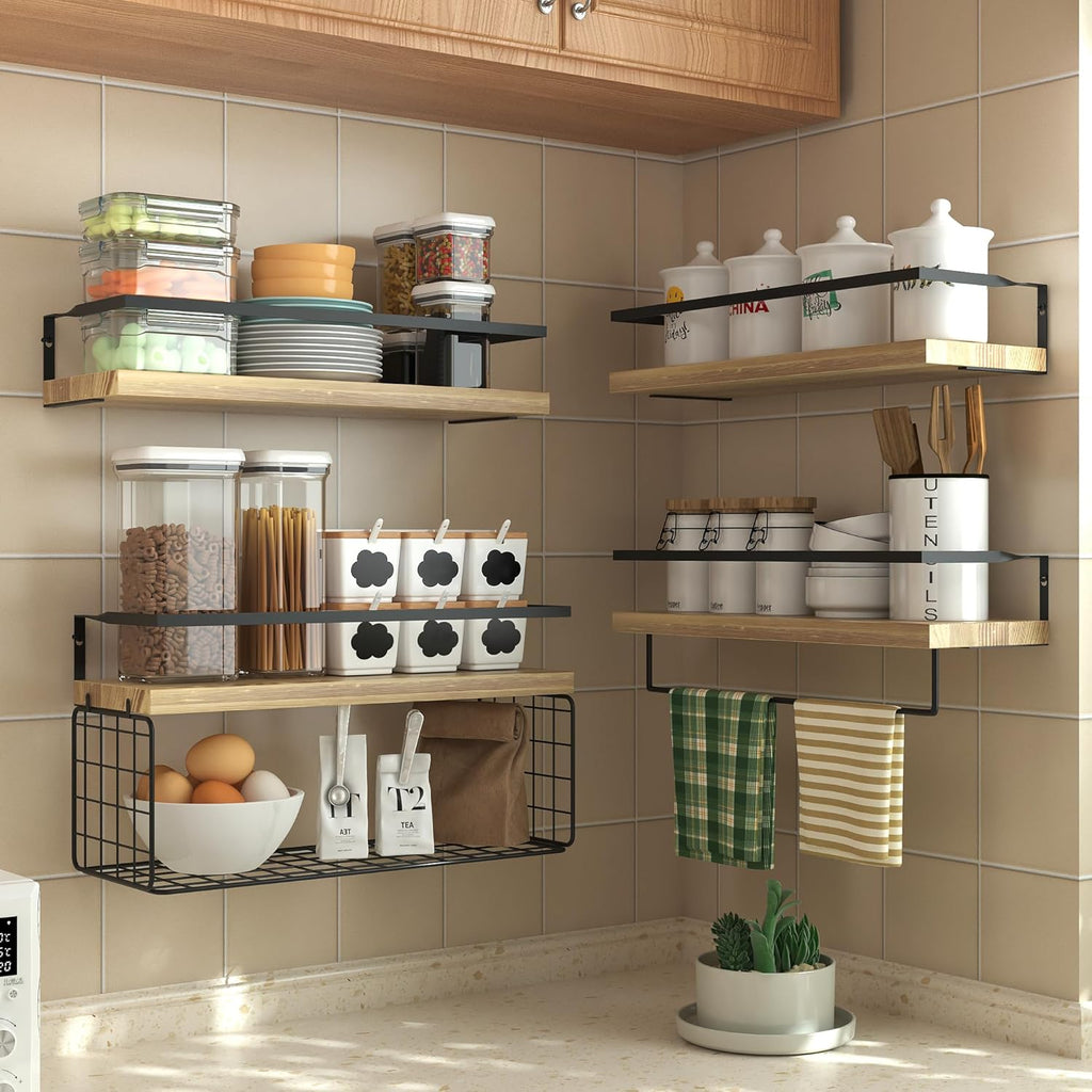Wood Floating Shelves - Rustic Wall-Mounted 4-Tier Bathroom Shelves with Wire Basket & Towel Bar