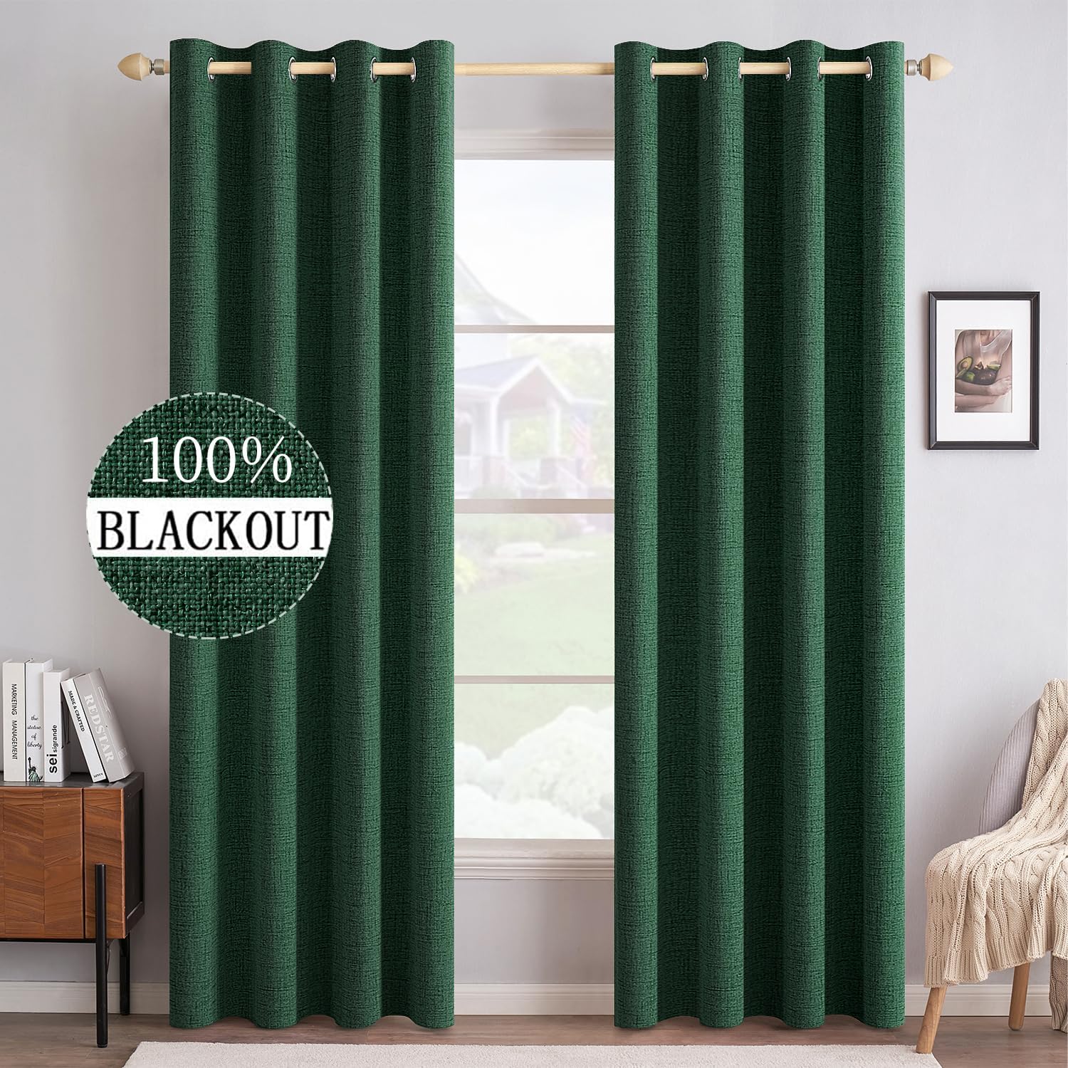 MIULEE Blackout Linen Curtains - Thermal Insulated Emerald Green Drapes | 52 x 90 Inch (2 Panels)