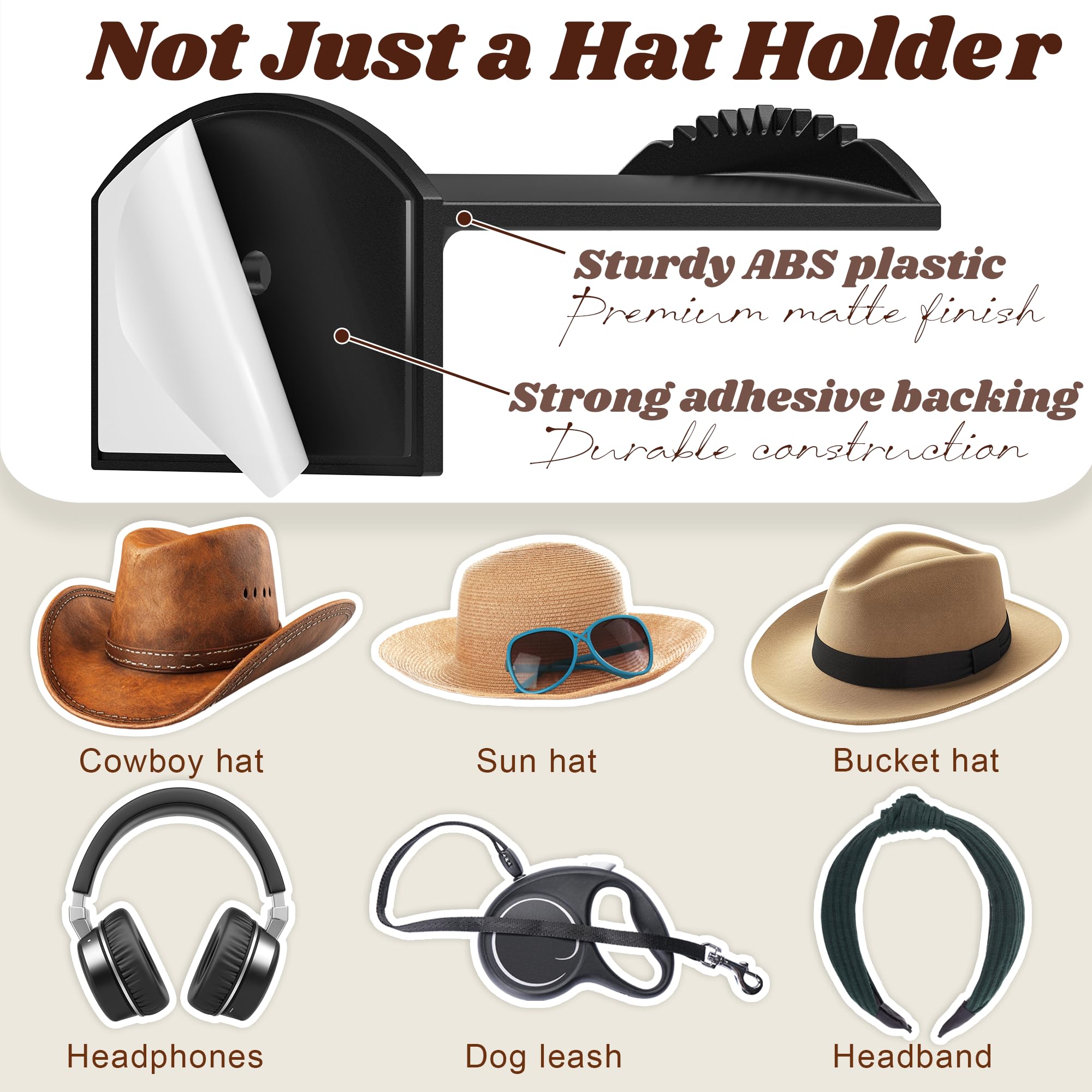 TUSPIPAL 2.9Inch Hat Hooks for Wall - (8 Pack) Cowboy Hat Rack,SuitableSun Hats, Fedora, Wide Brim Hats Strong Hold Hat Hangers for Wall，Western Room Decor- (Black)