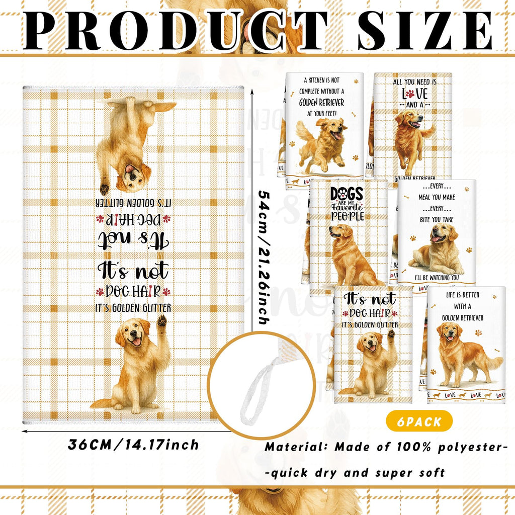 Redbaker 6 Pcs Golden Retriever Kitchen Towels Funny Dish Towel Gifts for Golden Retriever Lovers Kitchen Hand Tea Dishcloth Dog Owner Decorative with Hanging Loop for Christmas Home Housewarming Gift