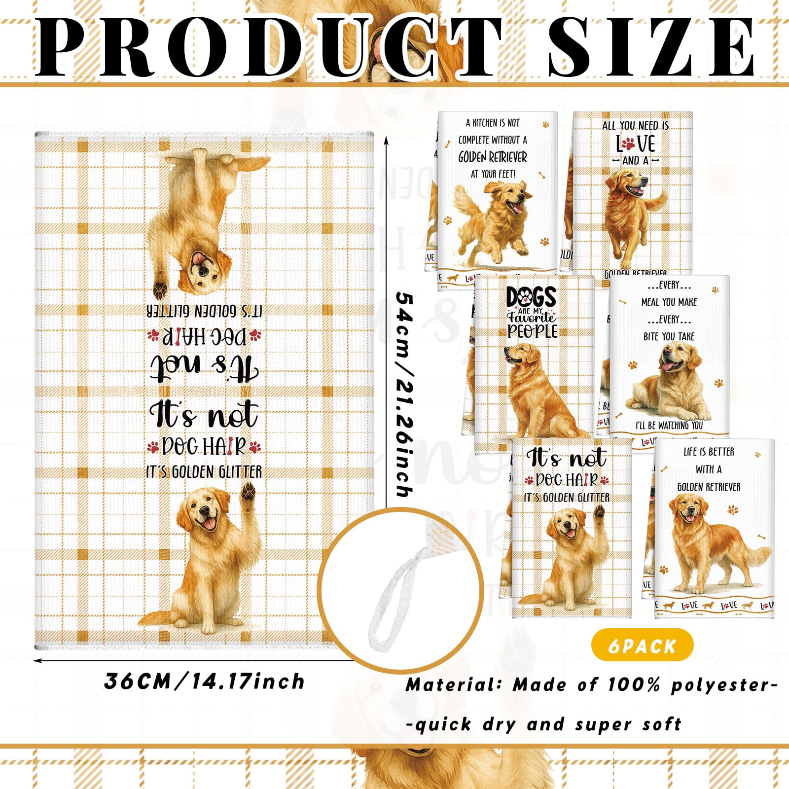 Redbaker 6 Pcs Golden Retriever Kitchen Towels Funny Dish Towel Gifts for Golden Retriever Lovers Kitchen Hand Tea Dishcloth Dog Owner Decorative with Hanging Loop for Christmas Home Housewarming Gift