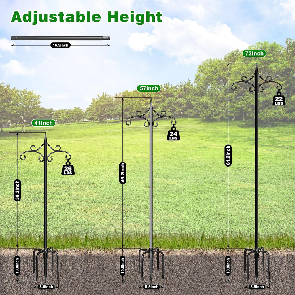 Skiennix Heavy Duty Double Shepherd Hooks - 72-Inch Adjustable Metal Bird Feeder Pole for Outdoor Use | 5-Prong Base