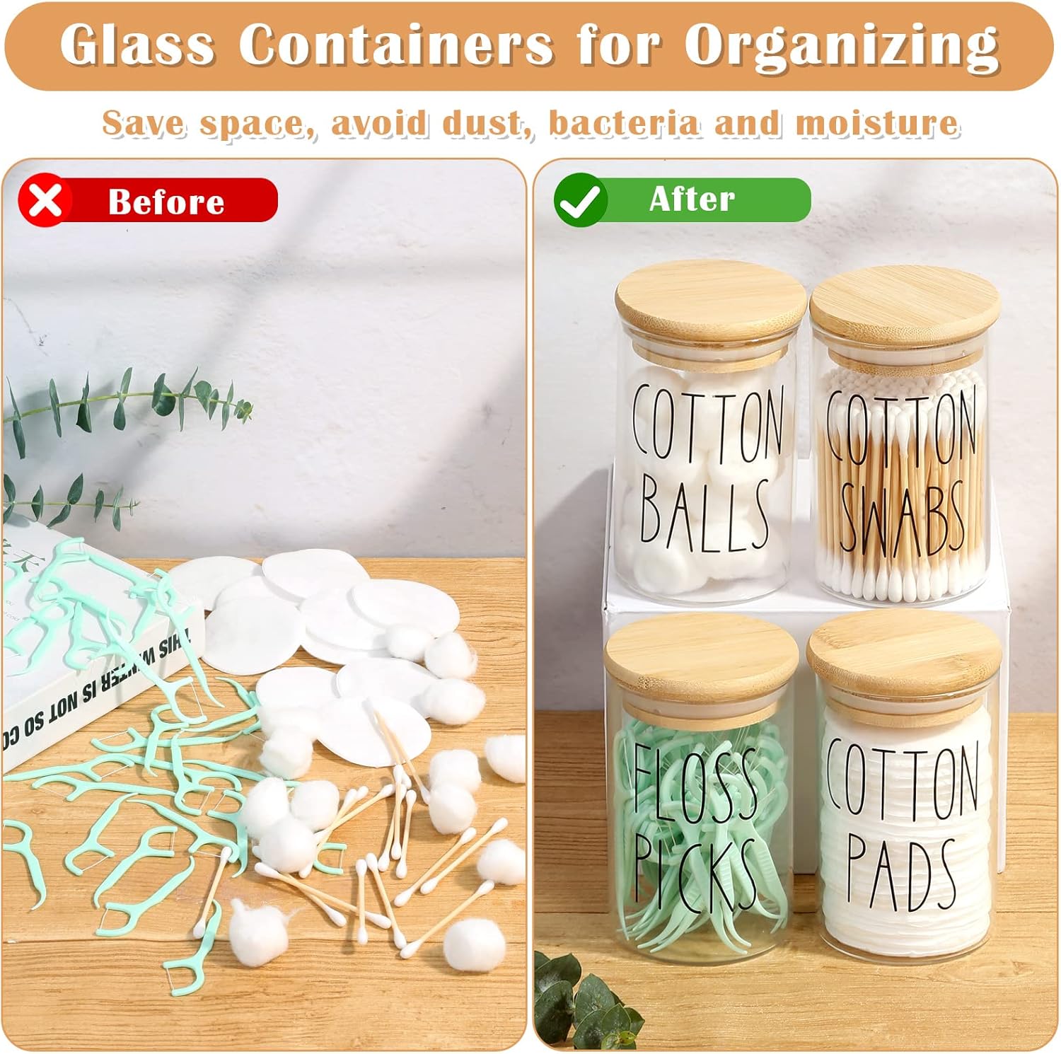 ROADPLUM Qtip Holder Bathroom Set - 4 Pack 10 oz Glass Jars with Lids for Cotton Balls & Makeup Storage