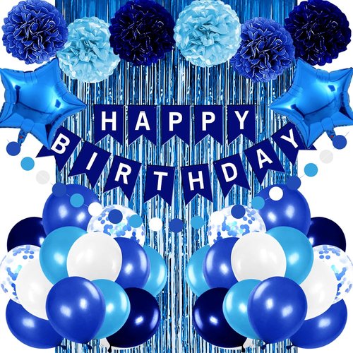 Blue Birthday Party Decorations - Skiennix Happy Birthday Banner & Balloons | Navy & Light Blue Pom Poms