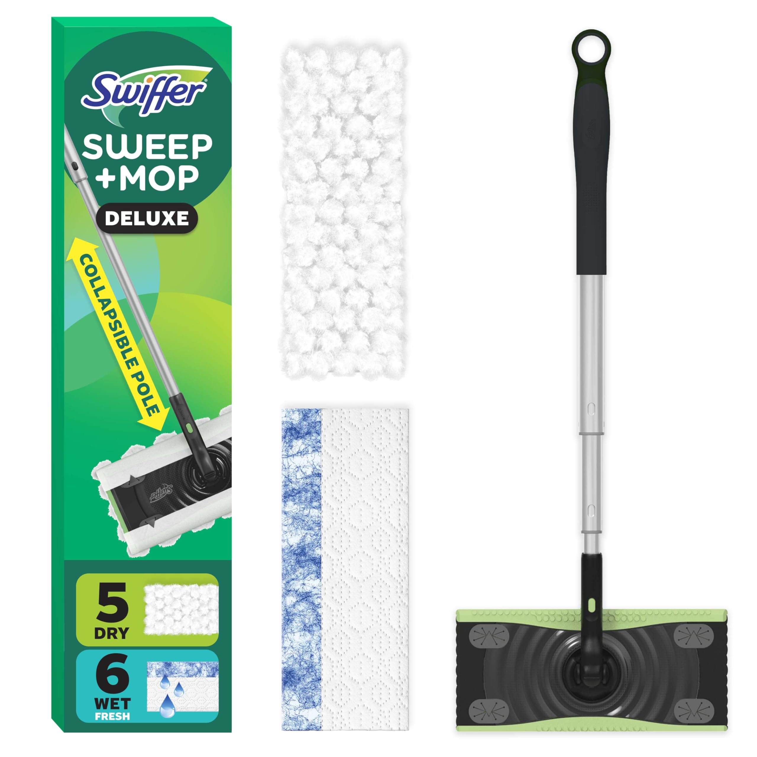 Swiffer Sweep & Mop Deluxe 2-in-1 Multi-Surface Kit for Floor Cleaning, Includes 1 Sweeper Device, 5 Dry Sweeping + 6 Wet Mopping Heavy Duty Cloths, Black