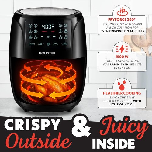 Gourmia Air Fryer - 4 Qt Capacity with FryForce360º Technology & Digital Display | 8 Cooking Presets, Compact Black
